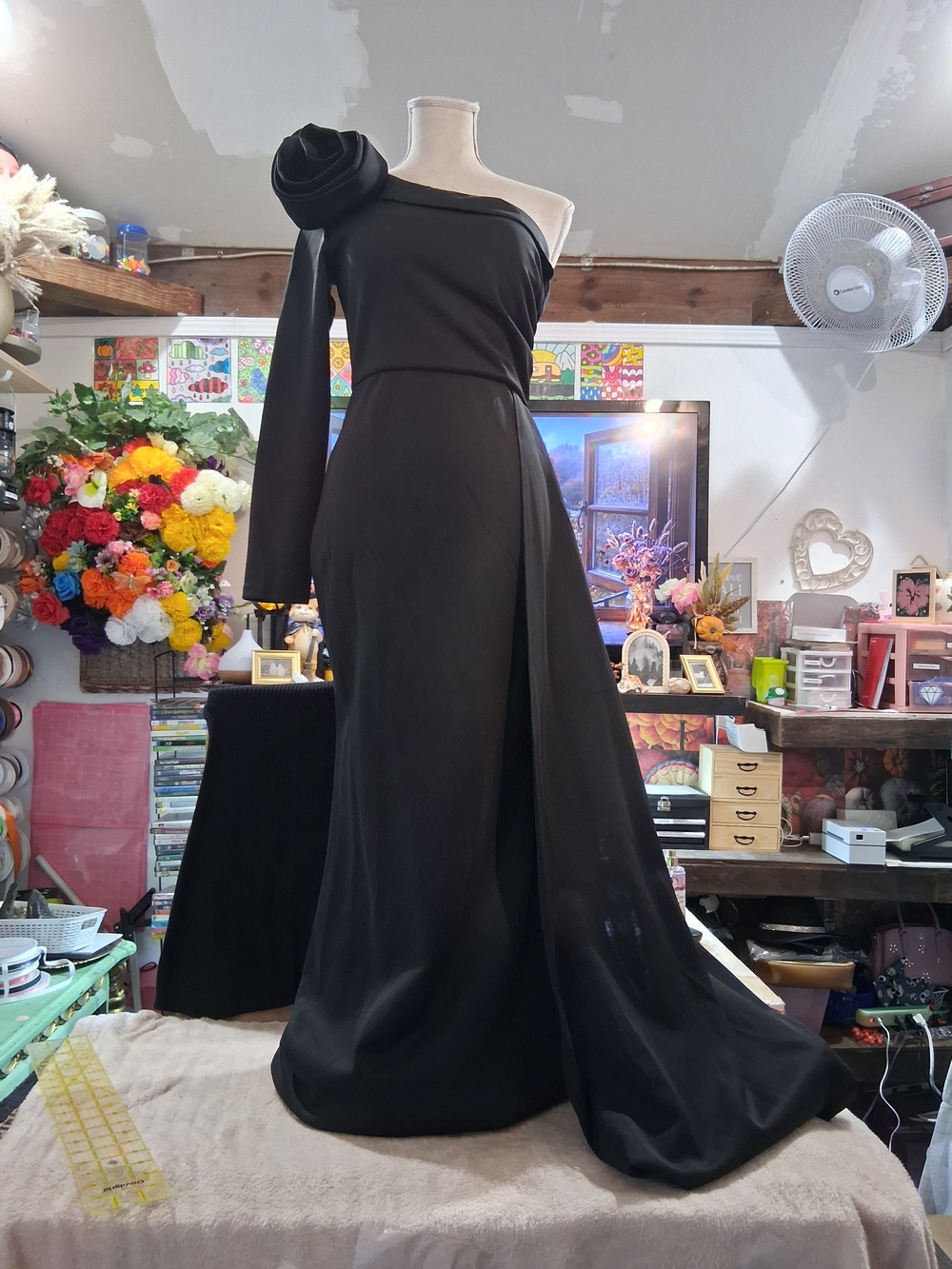 Black One-Shoulder Evening Dress with Rosette Shoulder Detail